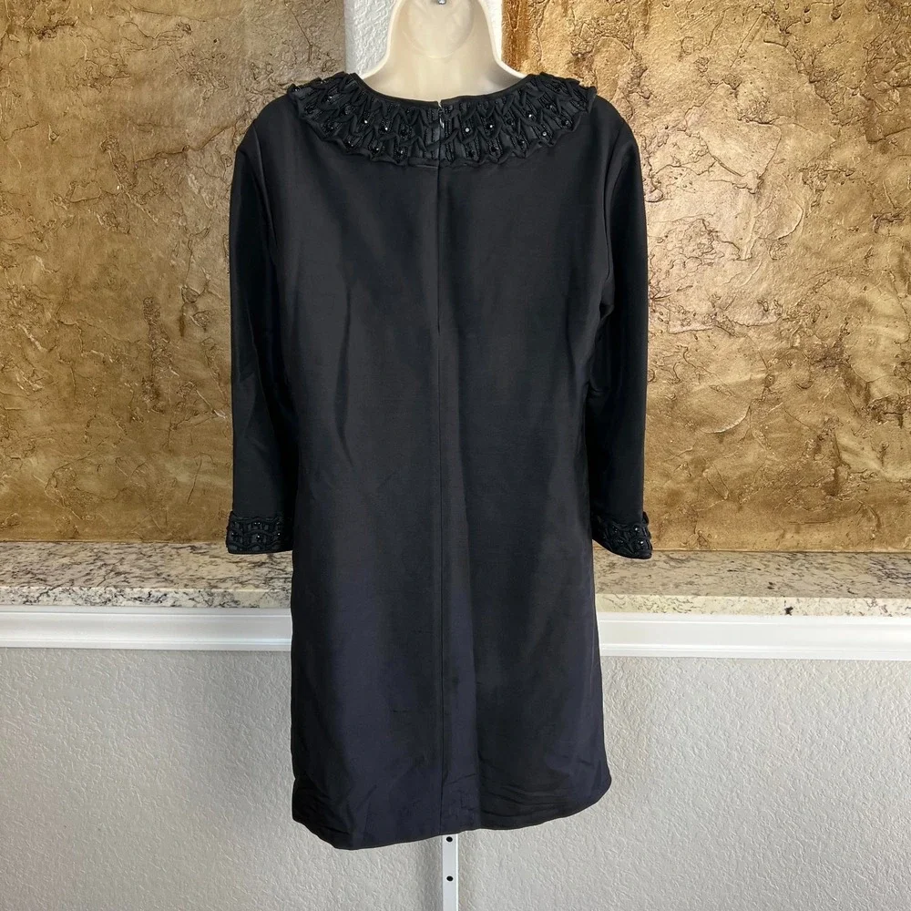 Tory Burch Shift Dress Womens 8 Black‎ 100% Silk Beaded Trim Cocktail 3/4 Sleeve